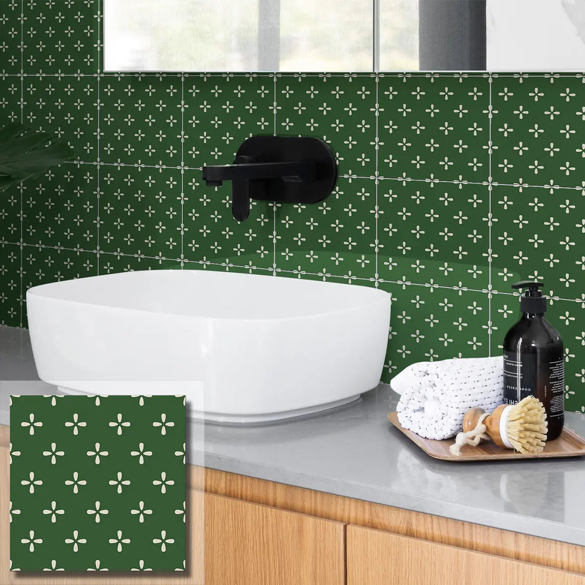 COLAMO Glossy Green Dot Print Patterned Self Adhesive Graphic Tile Peel and Stick Backsplash