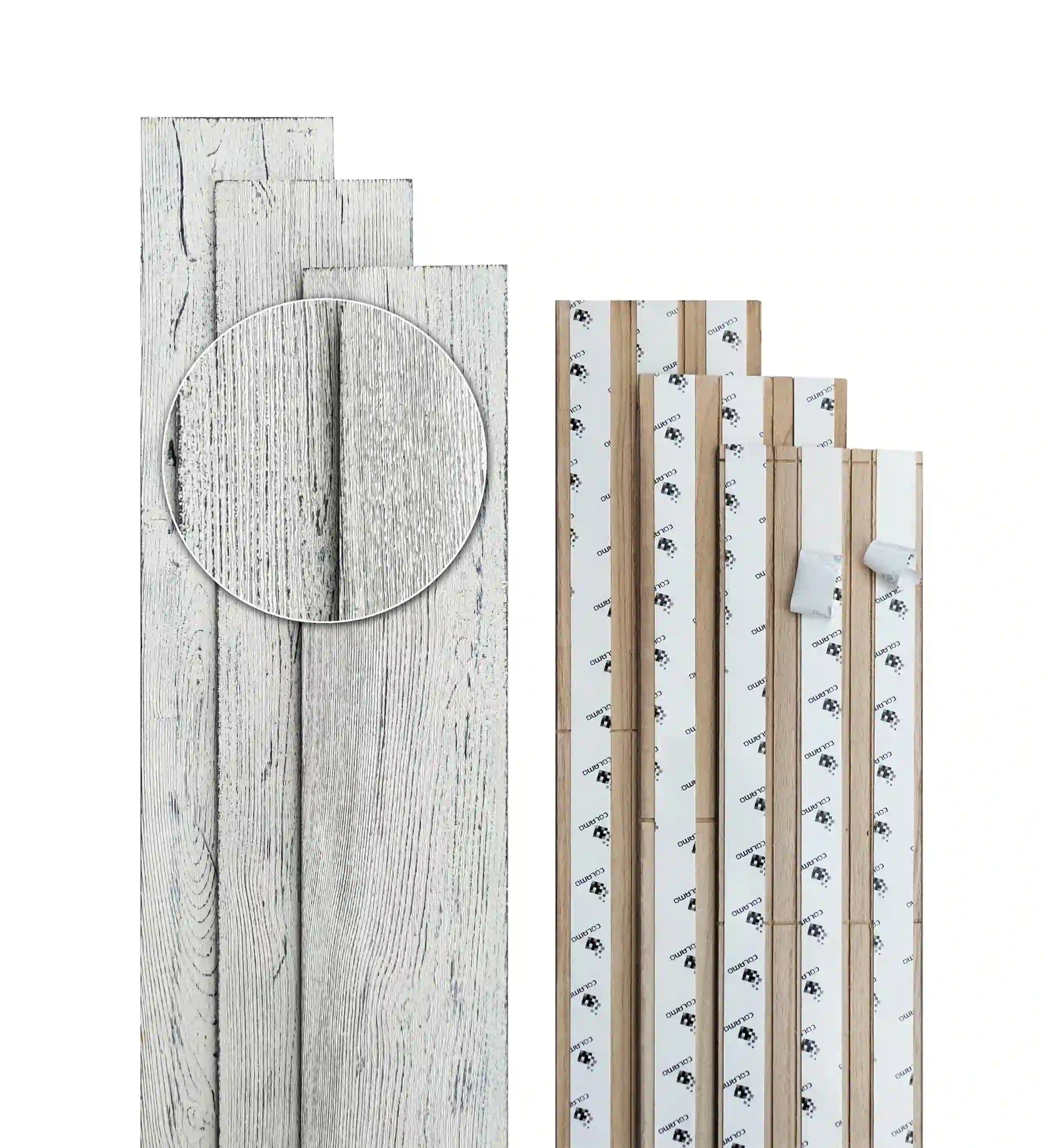 Panneaux muraux en pin blanchi à la chaux COLAMO, planches à feuillure 