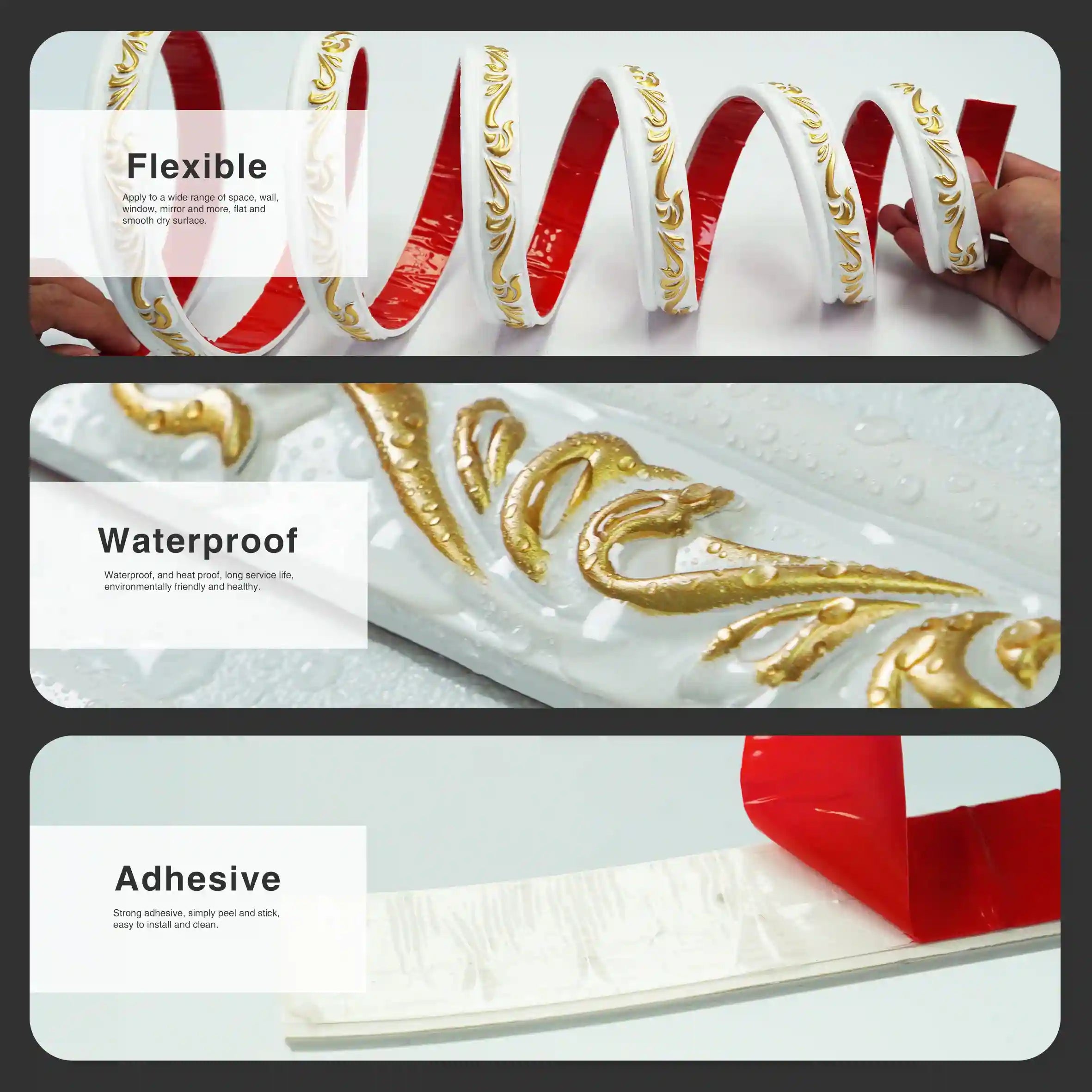 COLAMO Garniture de moulure blanche dorée à coller sur plinthe, bordure de carrelage 