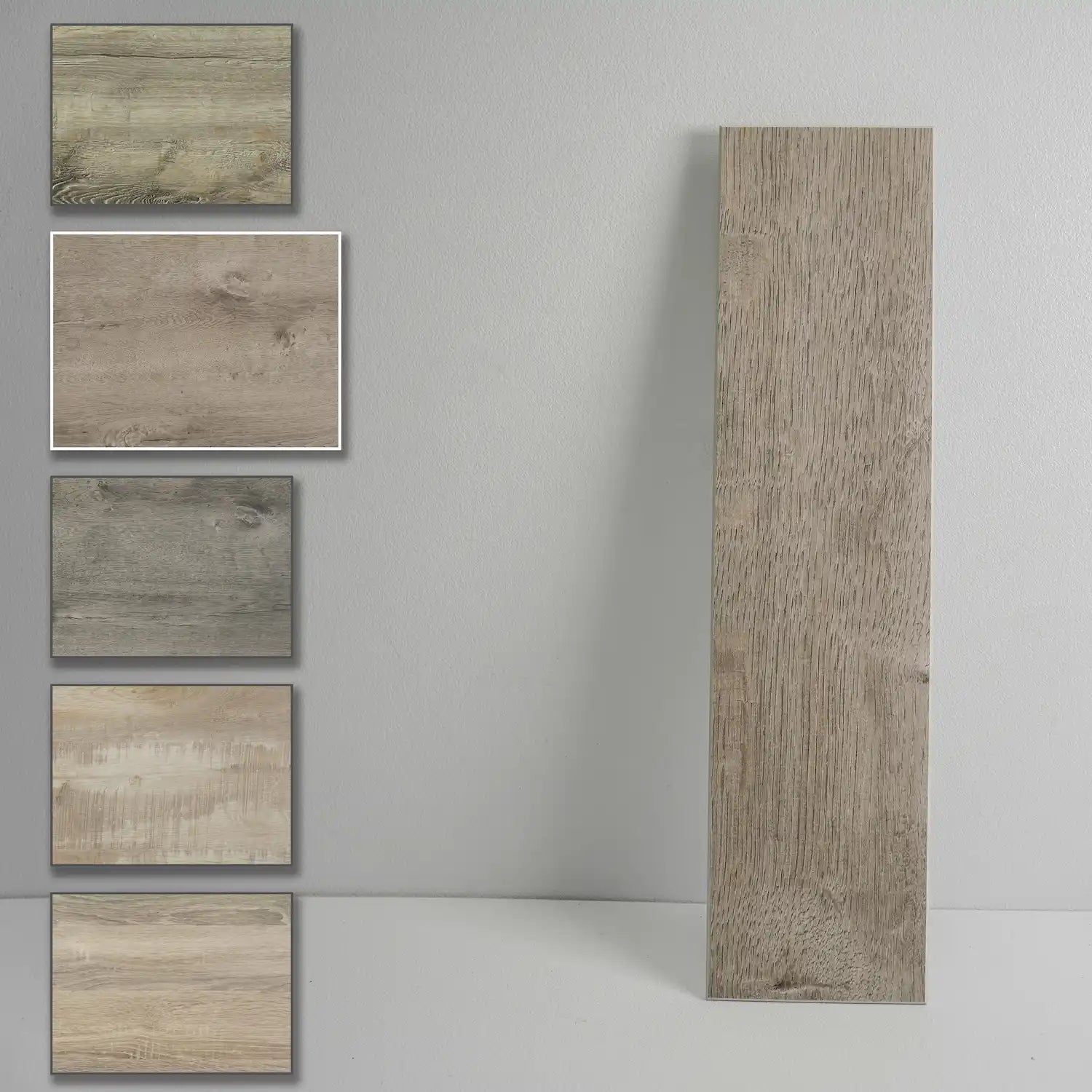 Carreaux COLAMO effet bois vieilli chêne gris brume, imperméables, épais et rigides, à décoller et à coller 