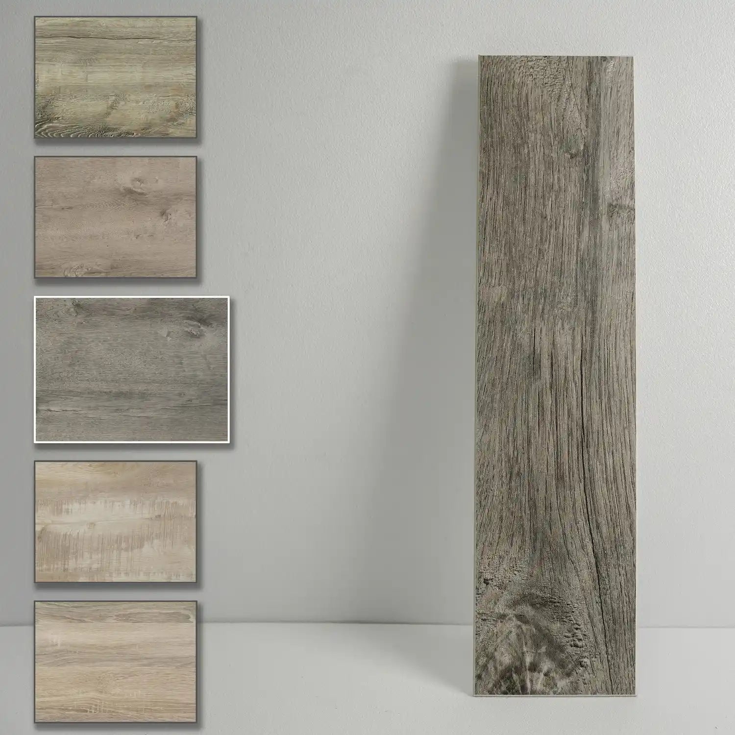 Carreaux imitation bois d'Athènes en chêne gris patiné COLAMO, imperméables, épais et rigides, à peler et coller 