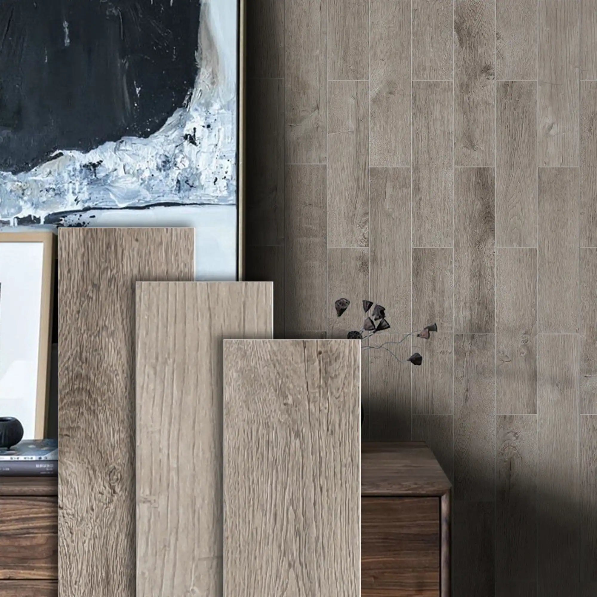 Carreaux COLAMO effet bois vieilli chêne gris brume, imperméables, épais et rigides, à décoller et à coller 