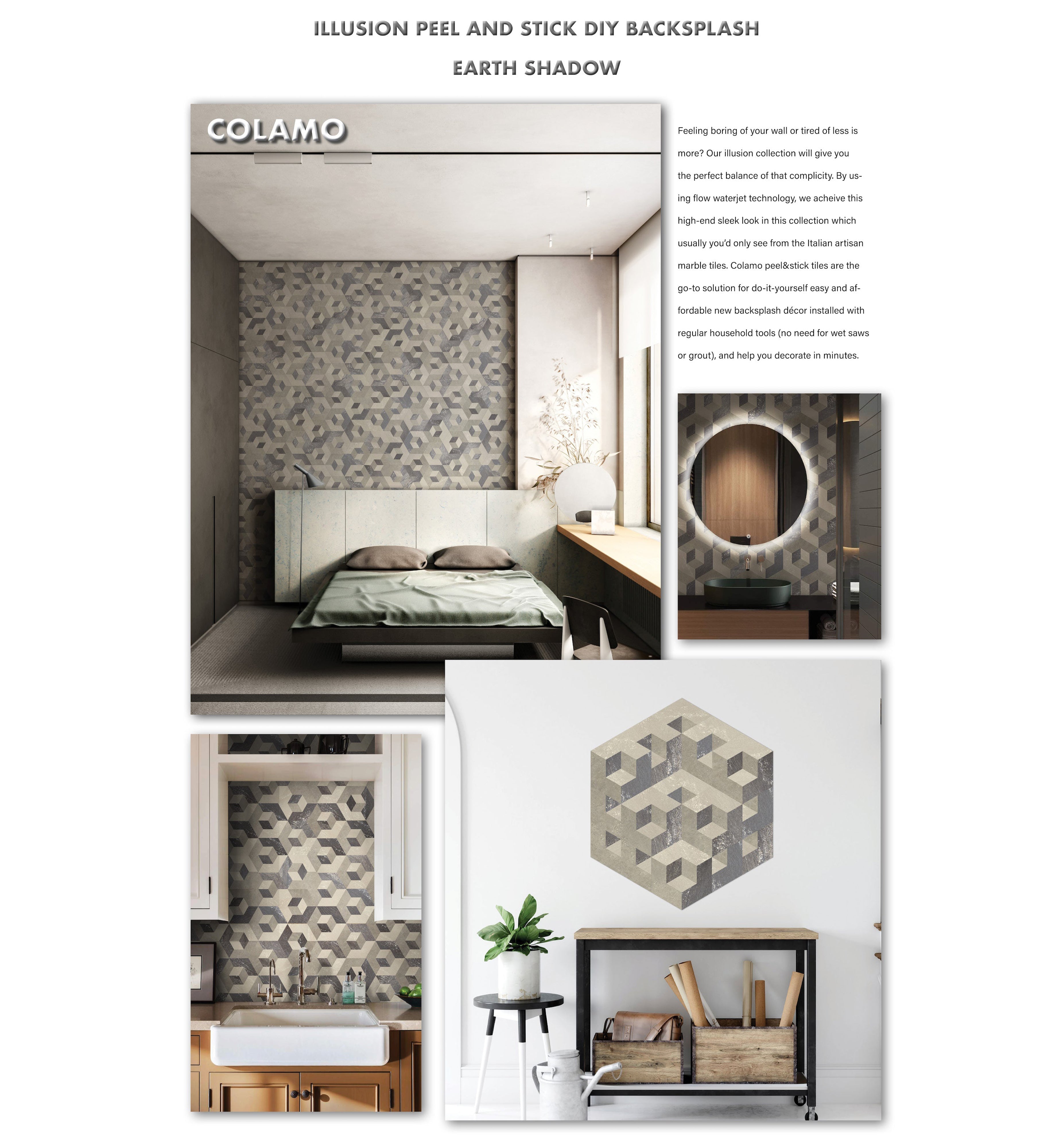 Carreaux hexagonaux pour dosseret autocollant Illusion, Earth Shadow